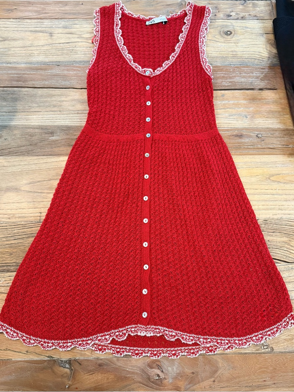 Zara Red Crochet Mini Dress with White Trim